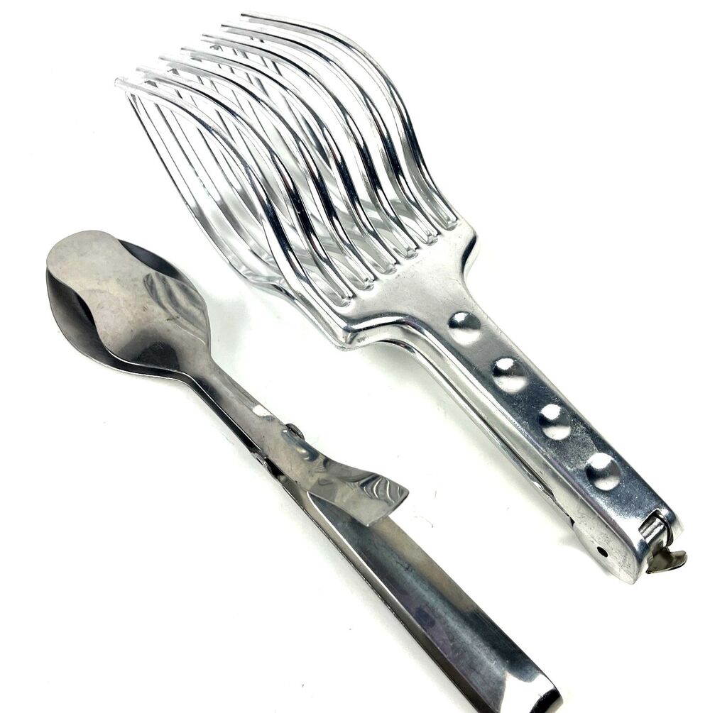 VTG Art Deco Pasta Salad Claw Tongs Stainless Steel Spoon Tongs MCM Kitchenware